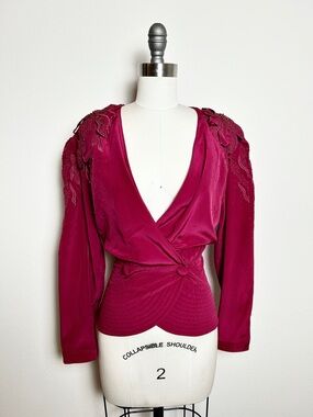 VTG Orlando Rossi 100% Silk Deep Magenta Embellished Floral Wrap-Front Blouse 12